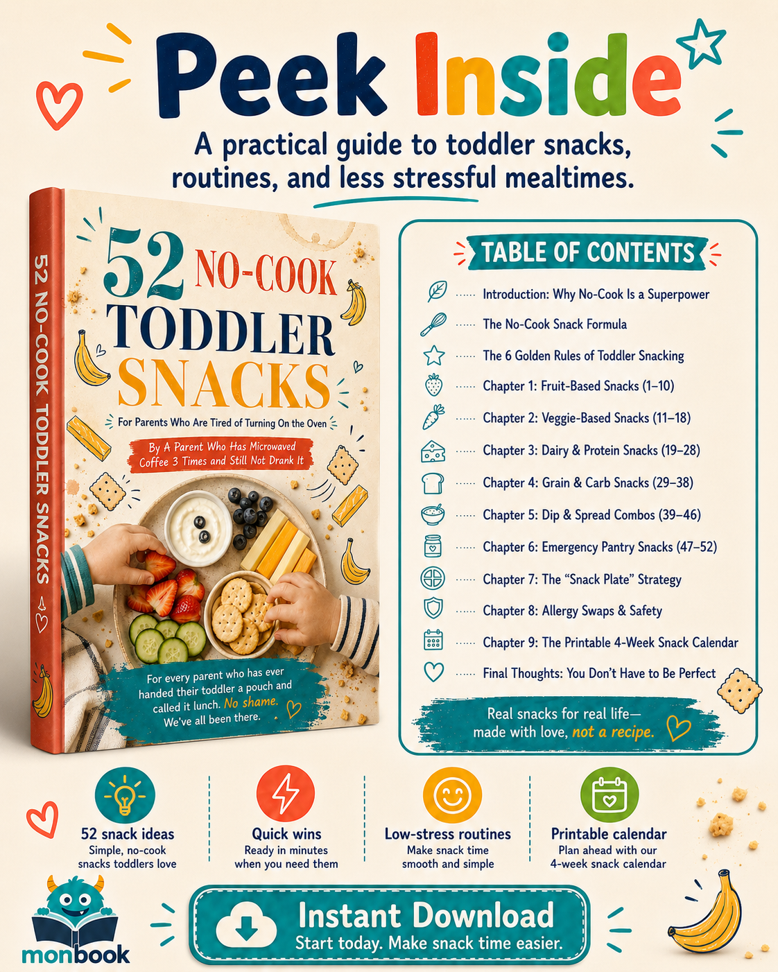 52 No-Cook Toddler Snacks: Zero Oven, Zero Stove, Zero Guilt — PDF Ebook + 4-Week Snack Calendar + Printable Planner
